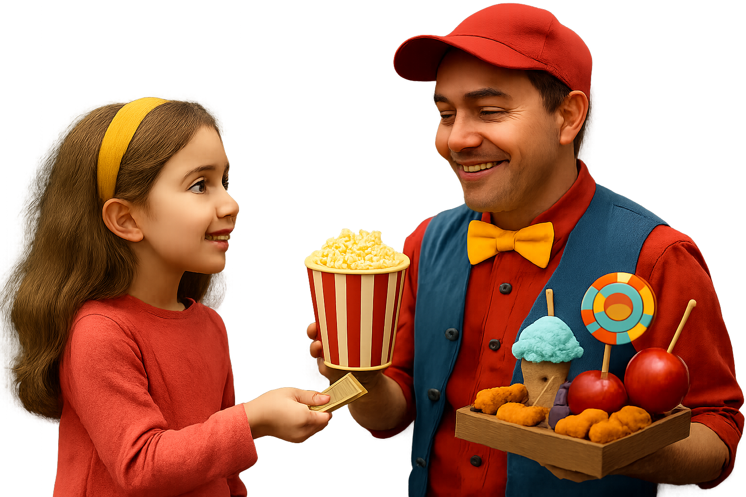 A friendly seller interacting with a young customer in a local market setting